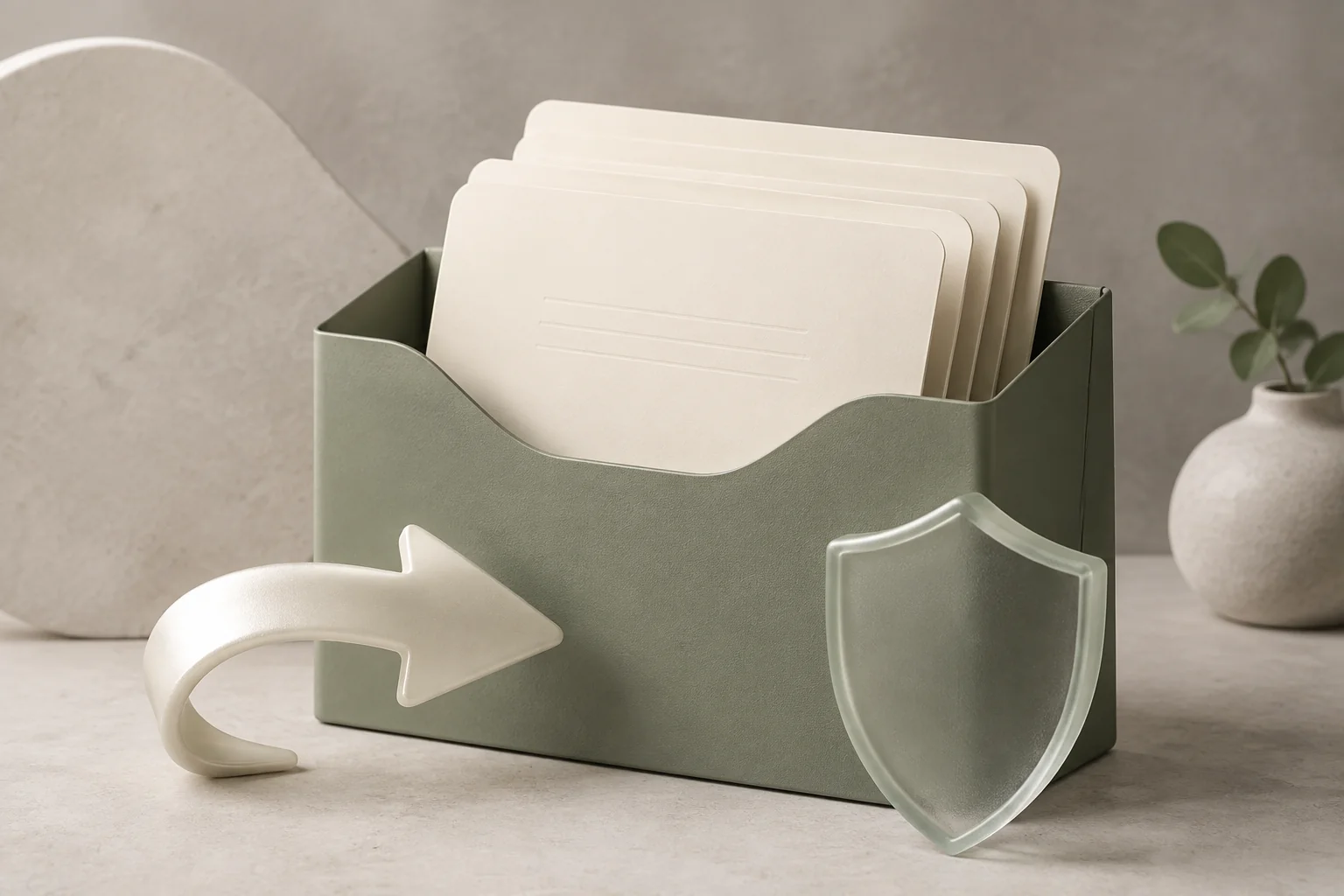 Sage green document folder, organized papers, and a frosted shield representing secure records delivery
